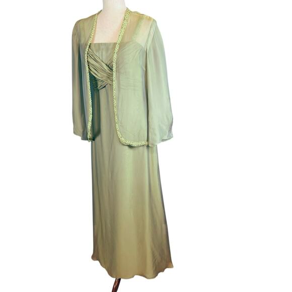 Cameron Blake Two Piece Formal Silk Chiffon Gown Jacket Dress Green Beaded Sz 10 - Picture 3 of 11